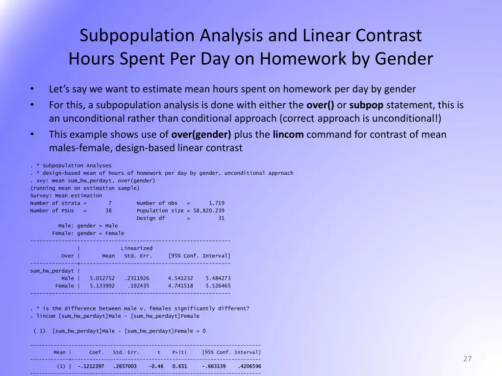 subpopulation analysis and linear contrast hours