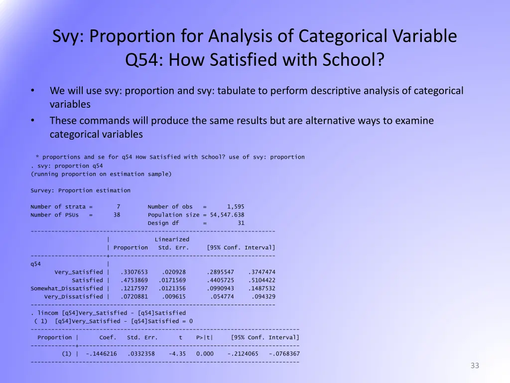 svy proportion for analysis of categorical