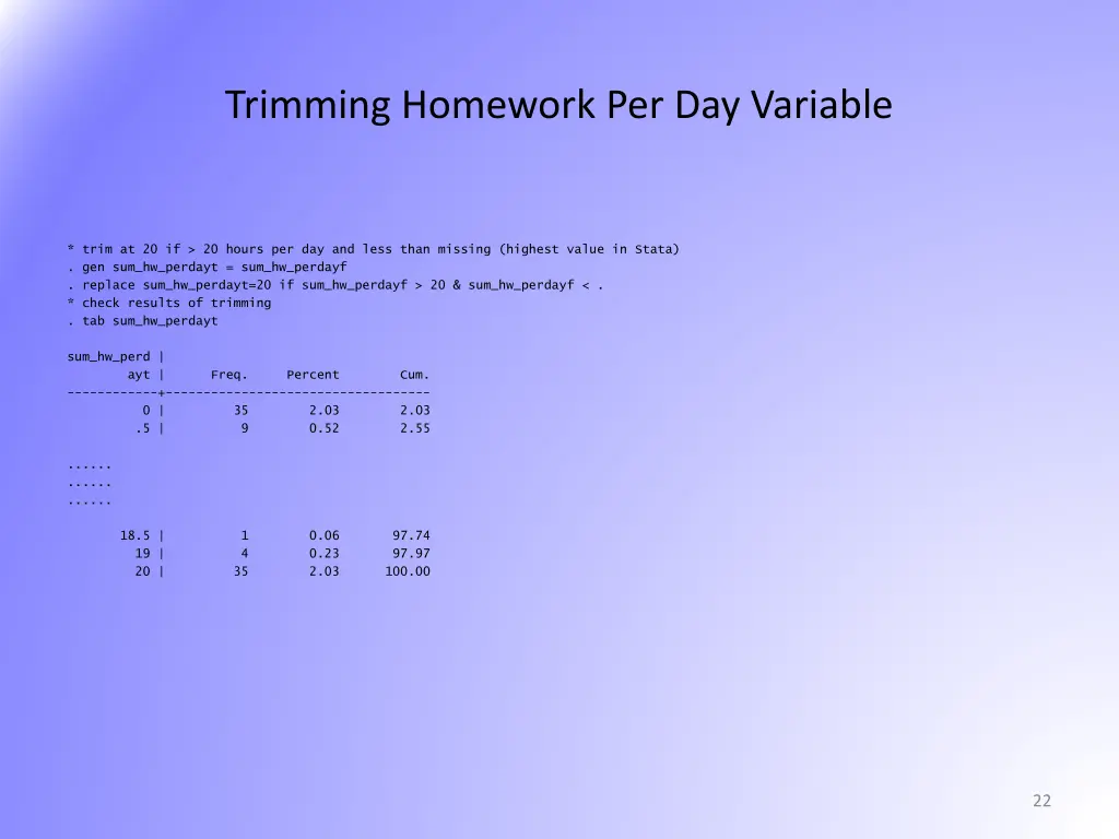 trimming homework per day variable