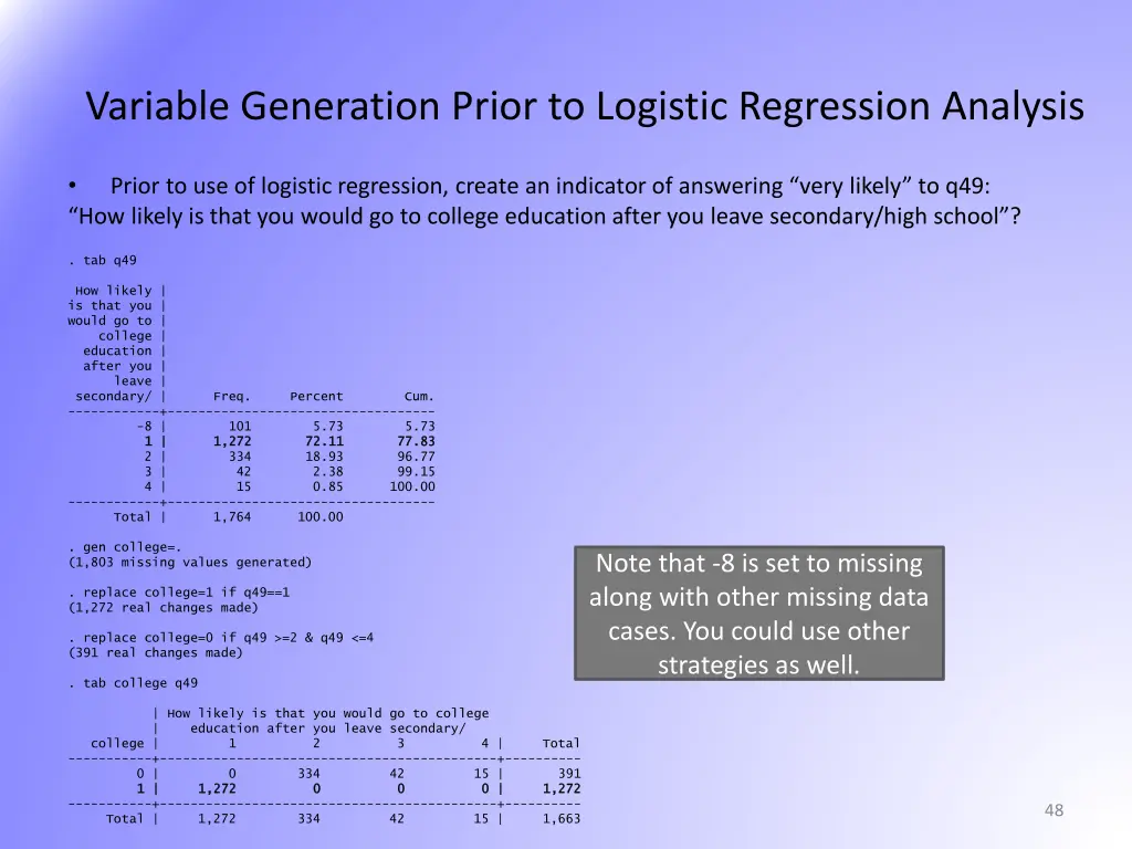 variable generation prior to logistic regression