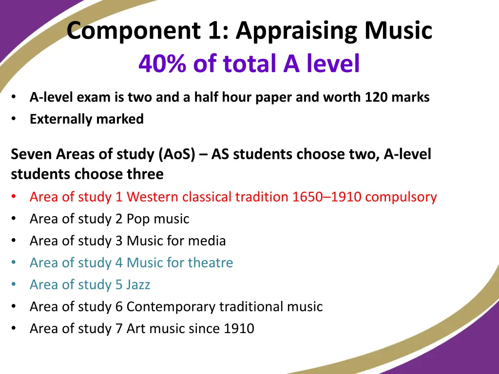 component 1 appraising music 40 of total a level