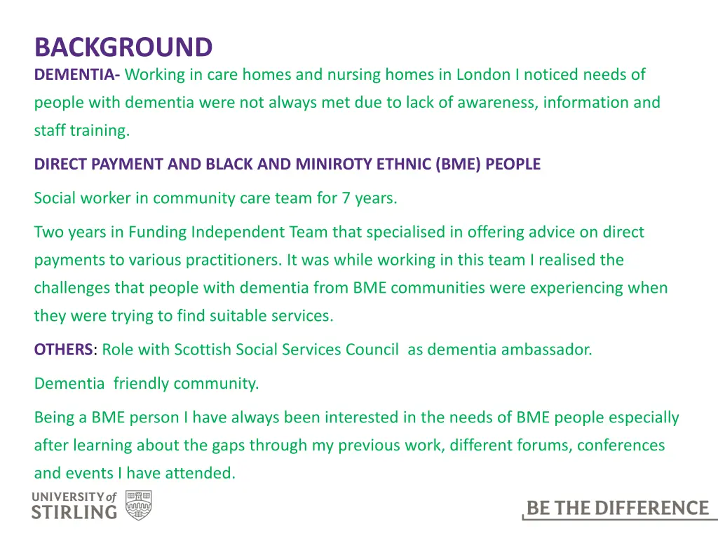 background dementia working in care homes