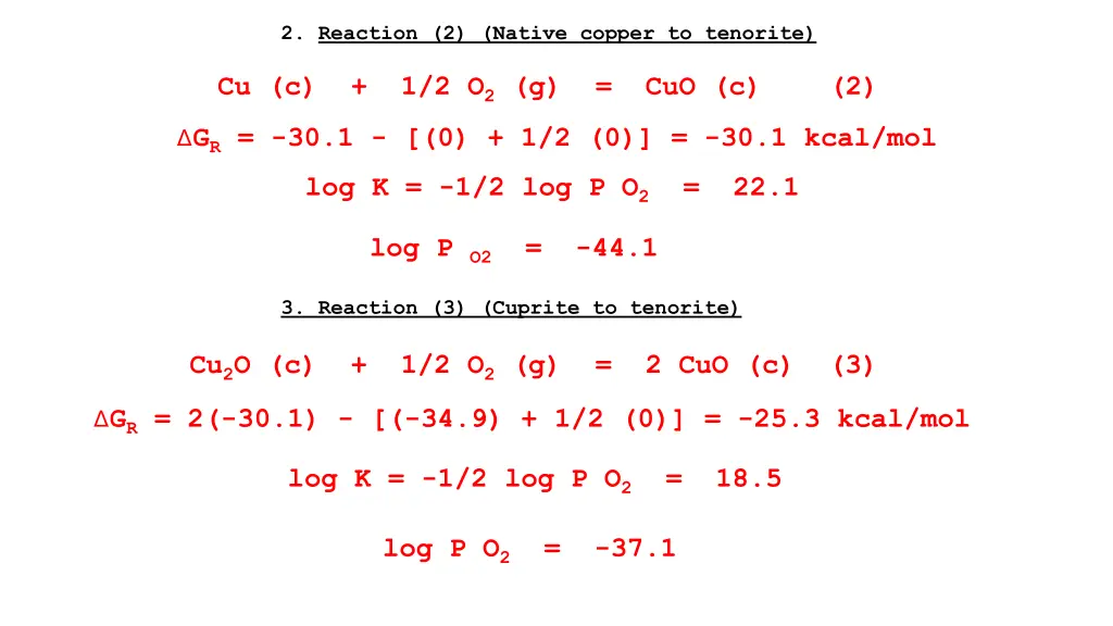 2 reaction 2 native copper to tenorite