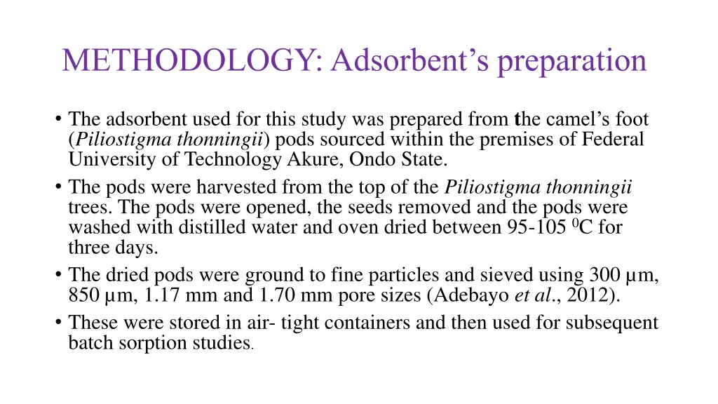 methodology adsorbent s preparation