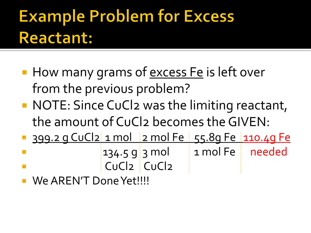 how many grams of excess fe is left over from