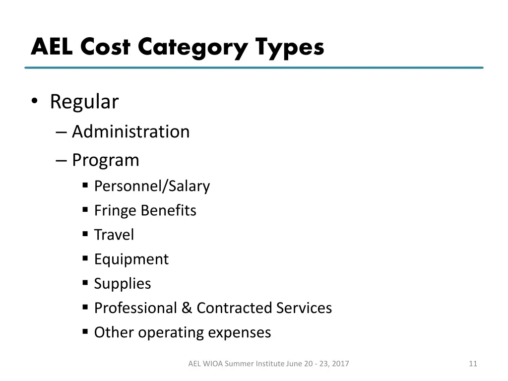 ael cost category types