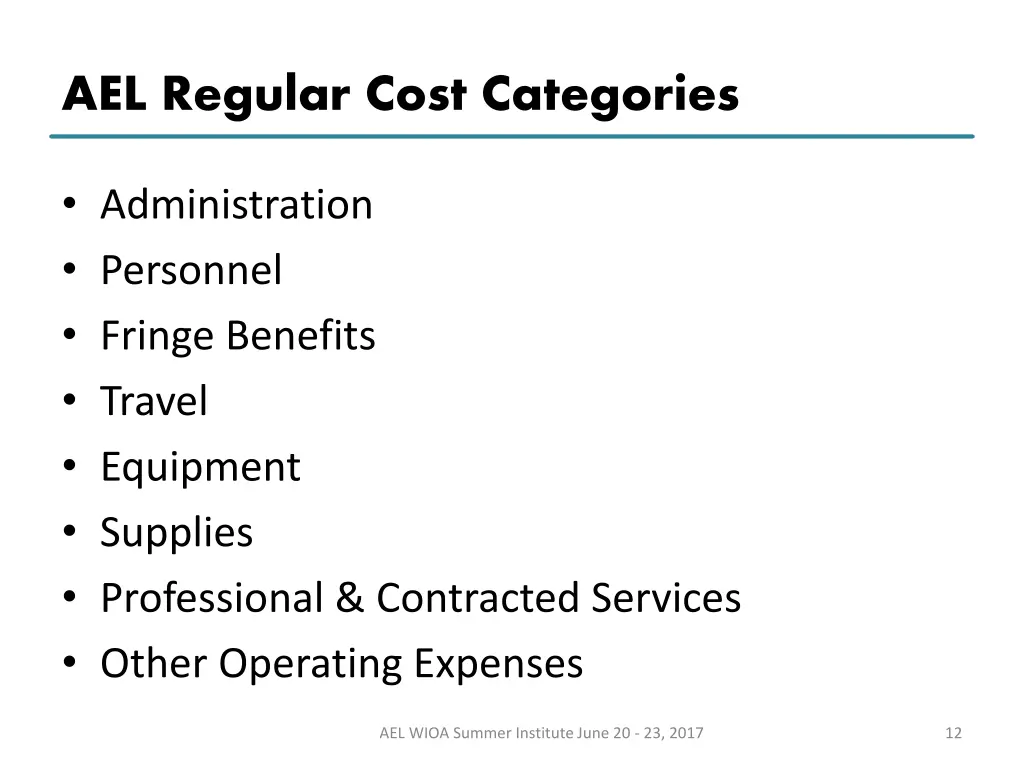 ael regular cost categories