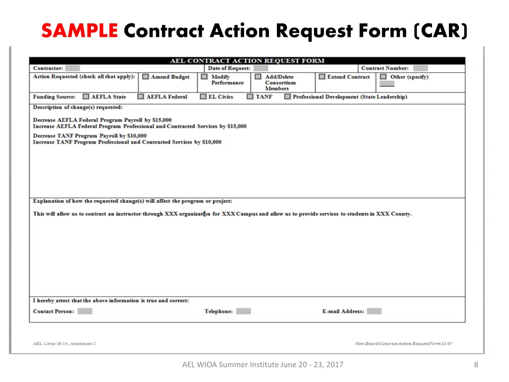 sample contract action request form car