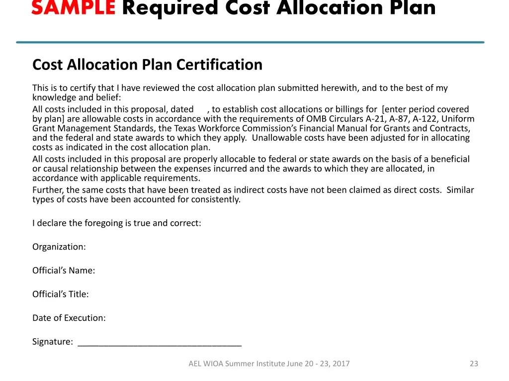 sample required cost allocation plan