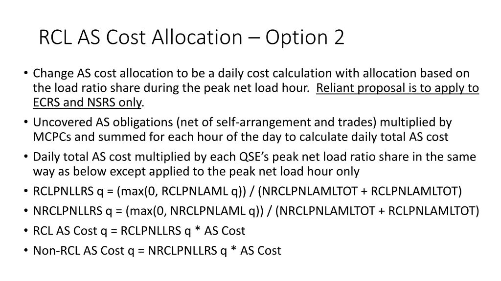 rcl as cost allocation option 2