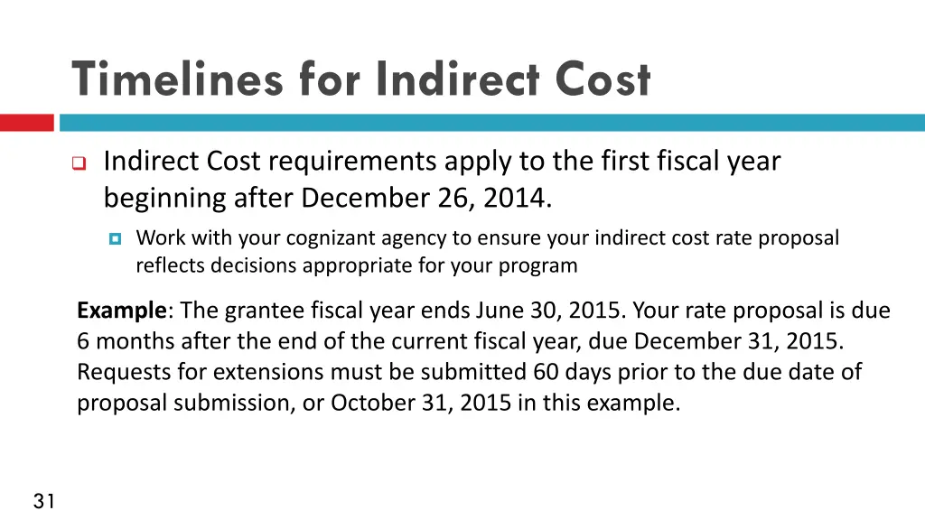 timelines for indirect cost