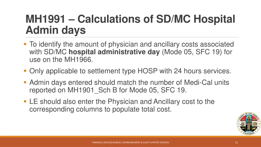 mh1991 calculations of sd mc hospital admin days