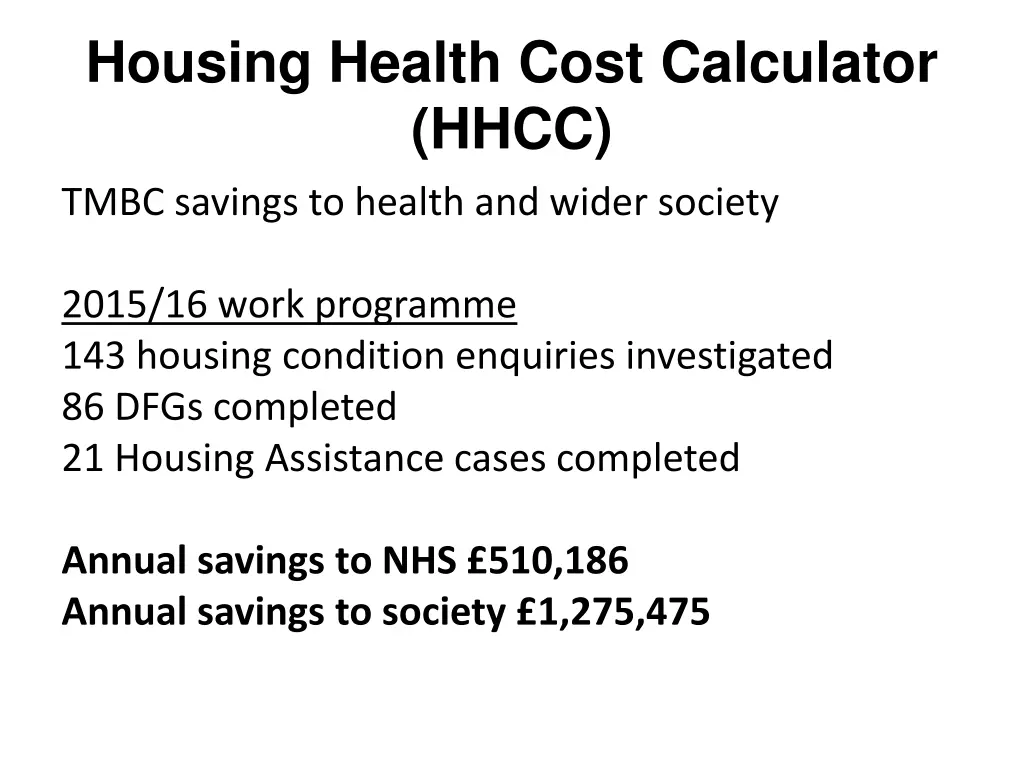 housing health cost calculator hhcc tmbc savings