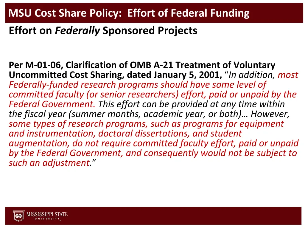 msu cost share policy effort of federal funding