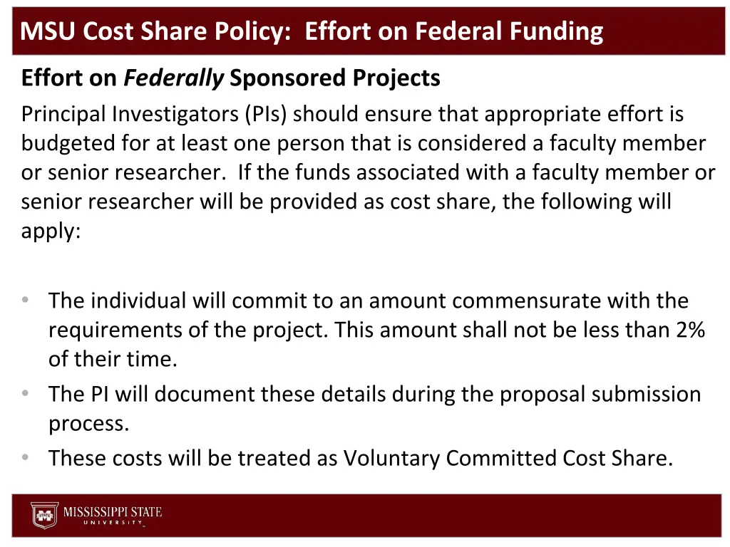 msu cost share policy effort on federal funding