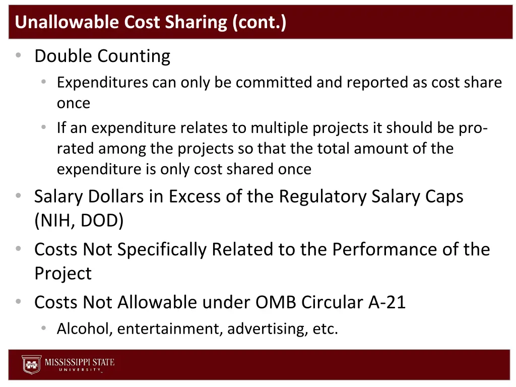 unallowable cost sharing cont