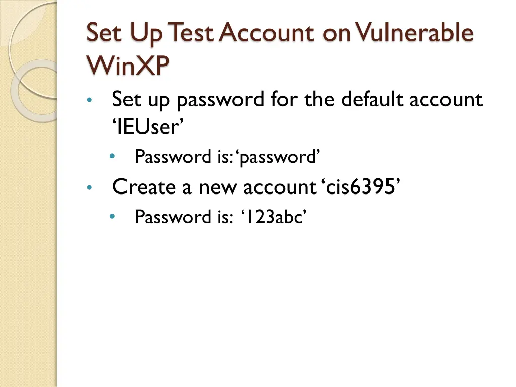 set up test account on vulnerable winxp