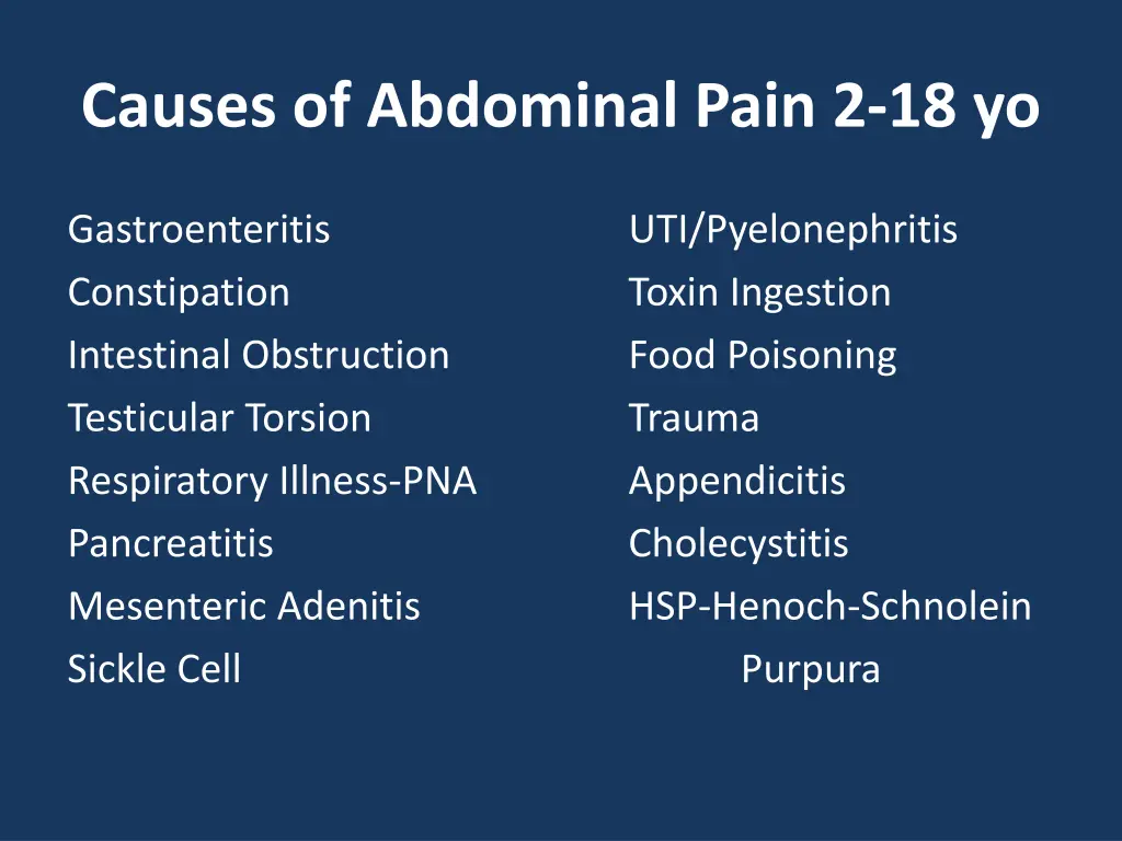 causes of abdominal pain 2 18 yo