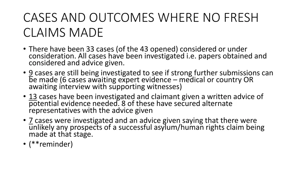 cases and outcomes where no fresh claims made