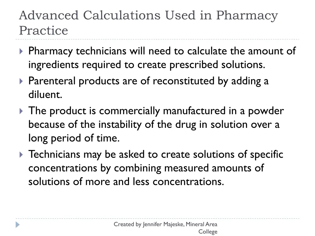 advanced calculations used in pharmacy practice