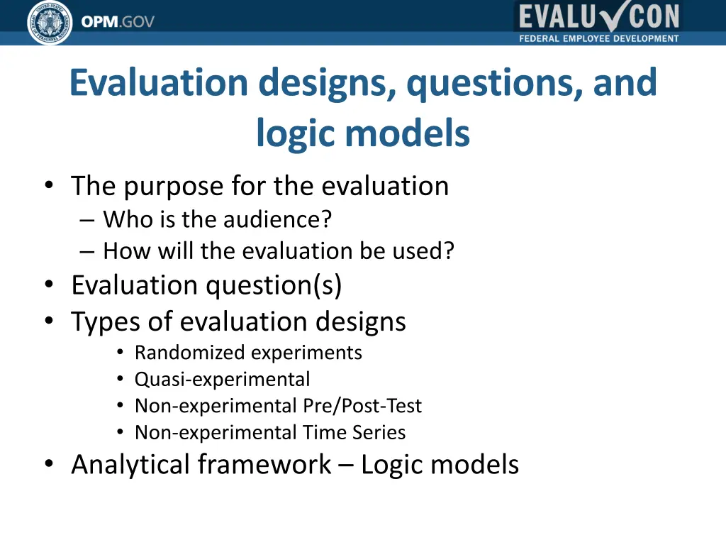 evaluation designs questions and logic models