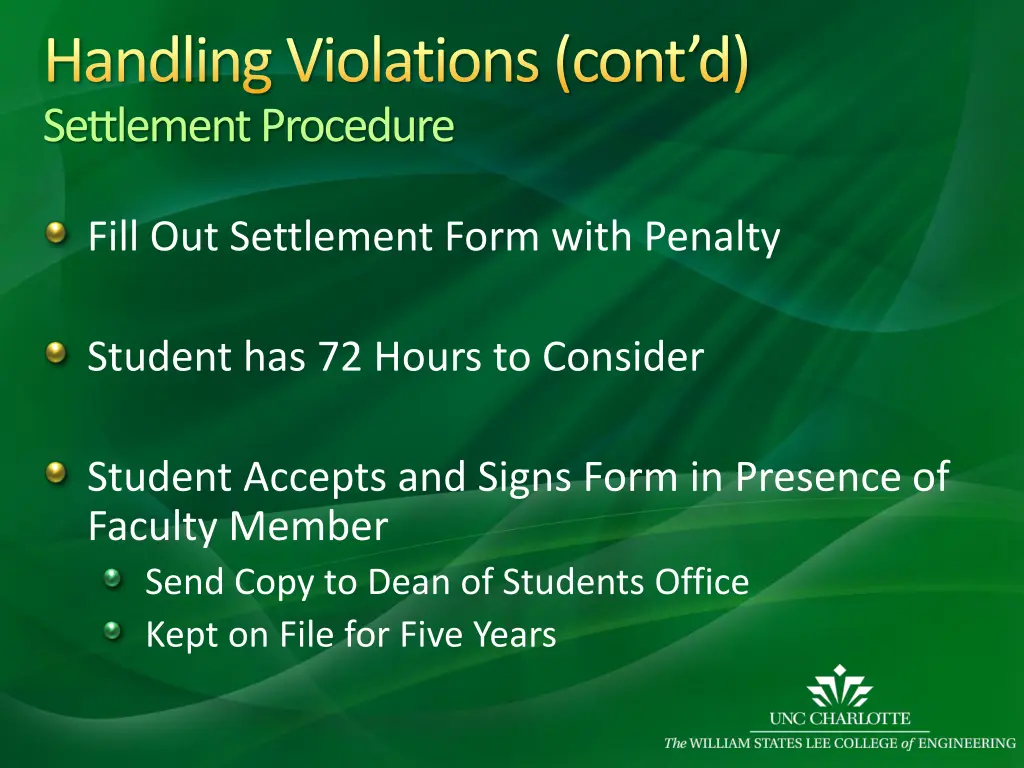 handling violations cont d settlement procedure