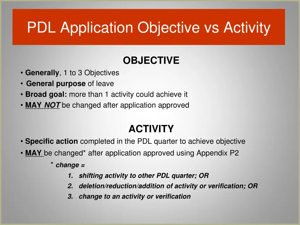 pdl application objective vs activity