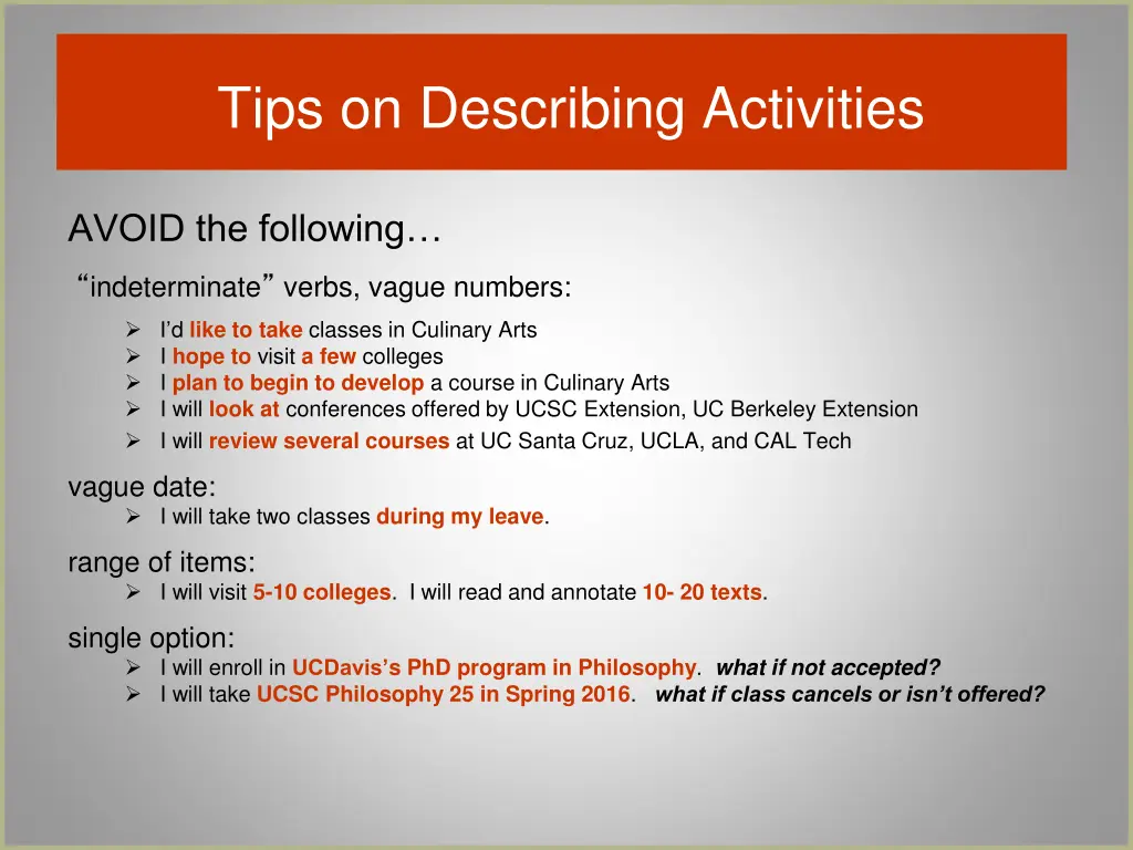 tips on describing activities