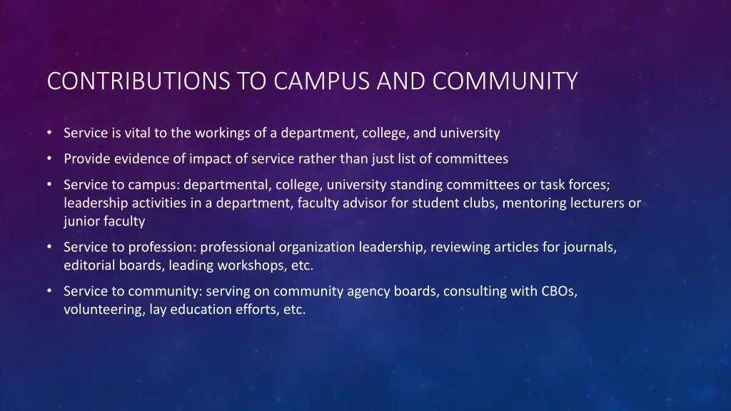 contributions to campus and community