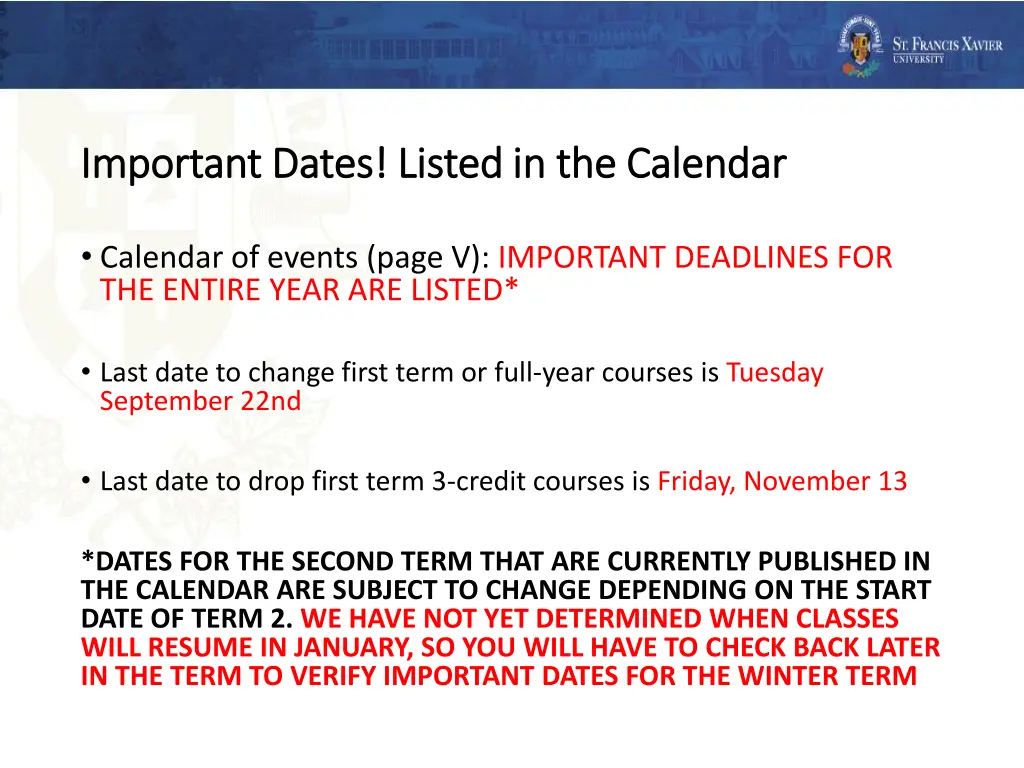 important dates listed in the calendar important