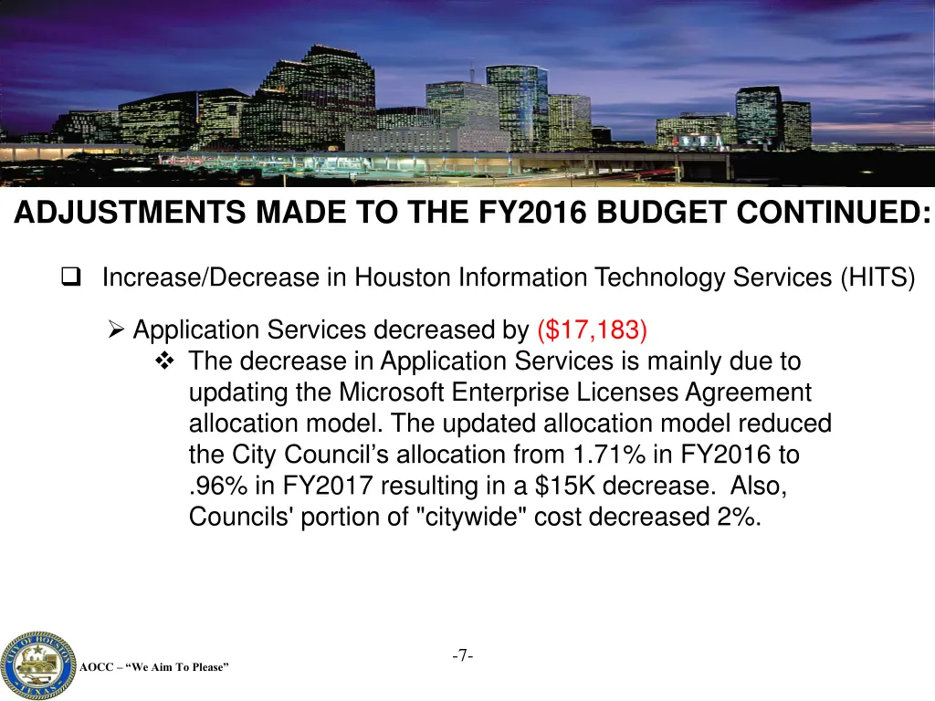 adjustments made to the fy2016 budget continued