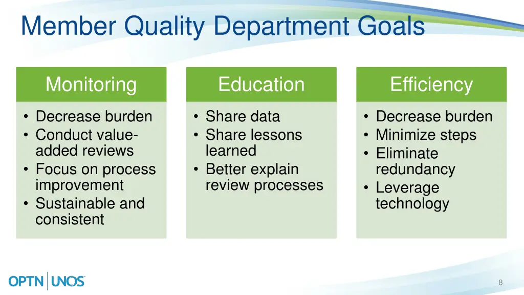 member quality department goals