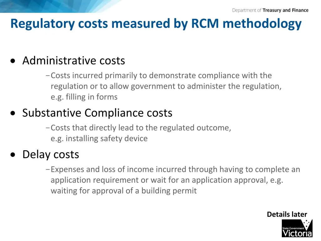 regulatory costs measured by rcm methodology