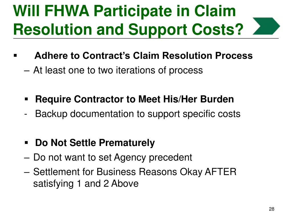 will fhwa participate in claim resolution