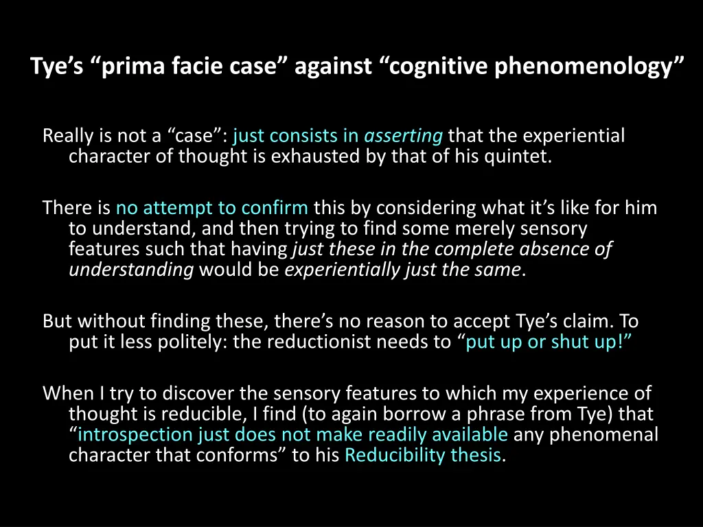 tye s prima facie case against cognitive