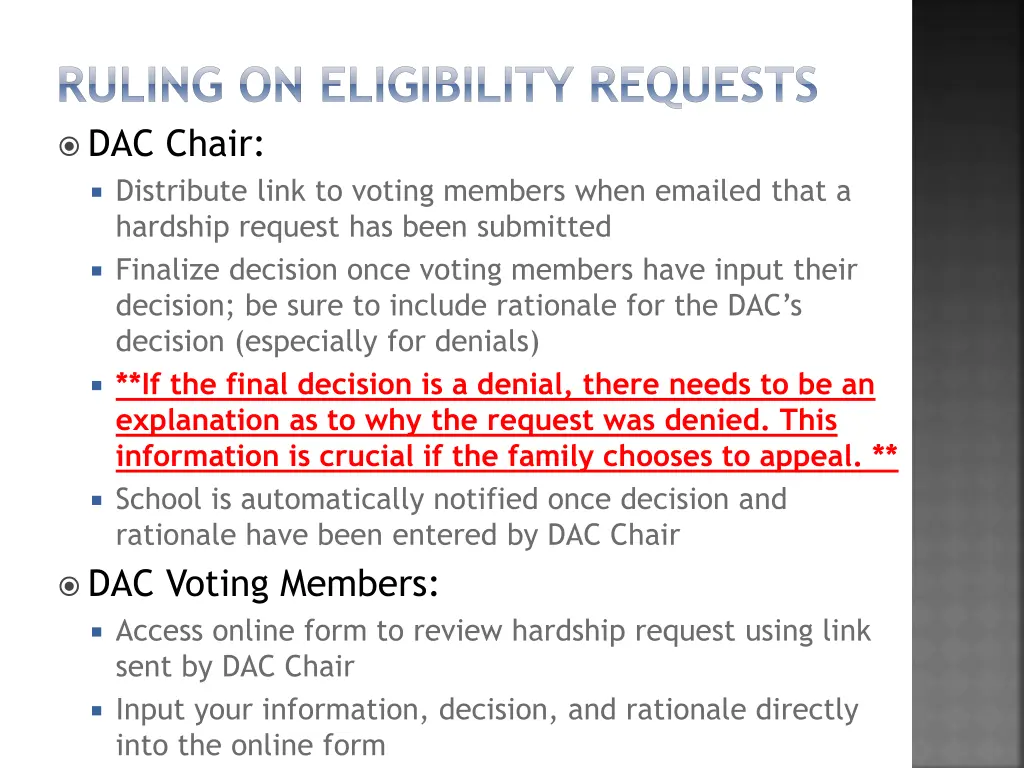 ruling on eligibility requests dac chair
