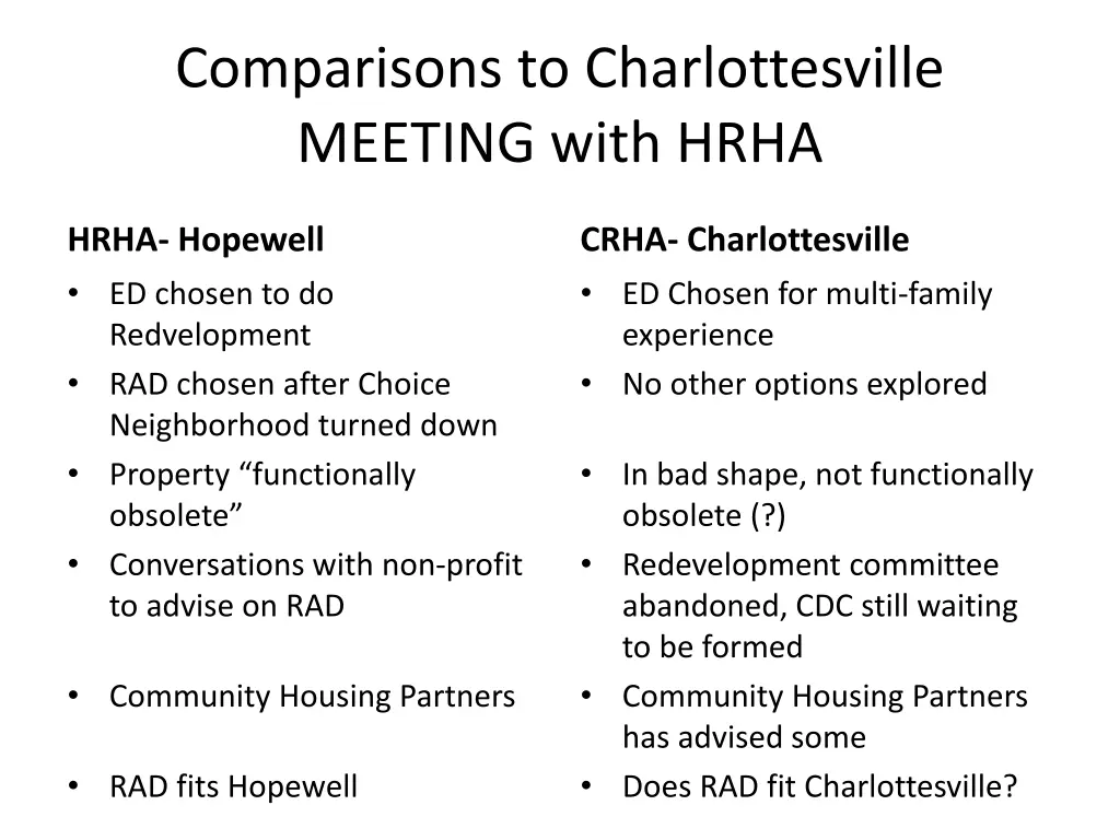 comparisons to charlottesville meeting with hrha