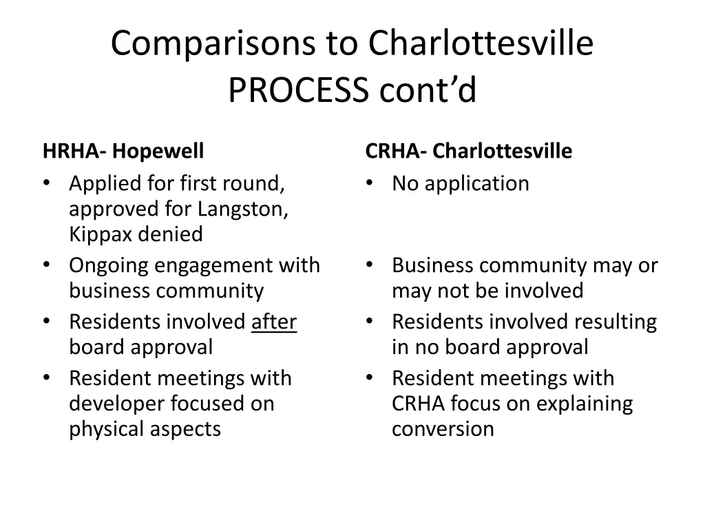 comparisons to charlottesville process cont d