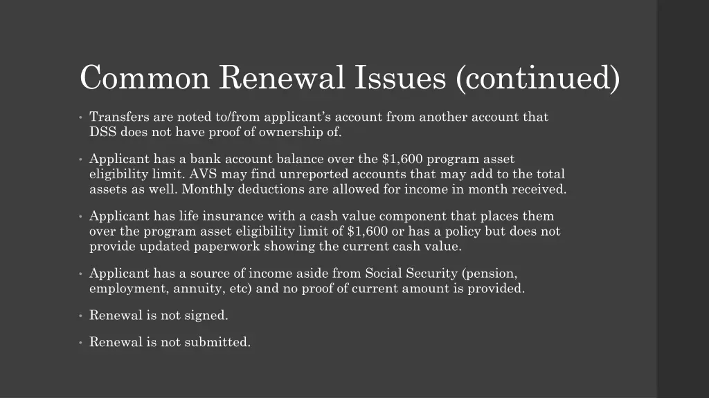 common renewal issues continued