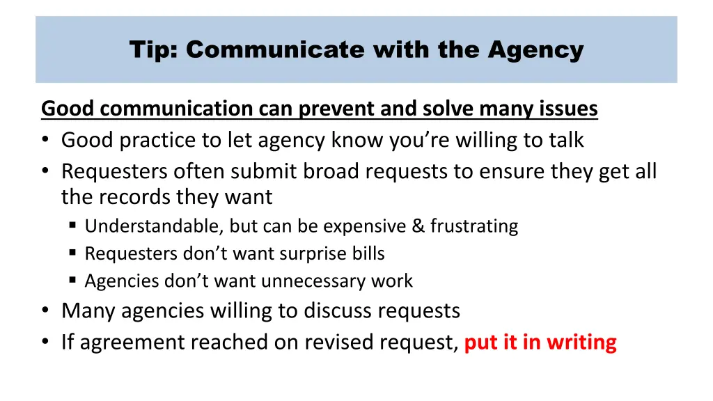 tip communicate with the agency