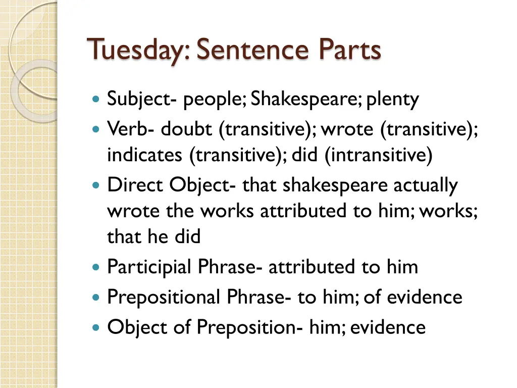 tuesday sentence parts