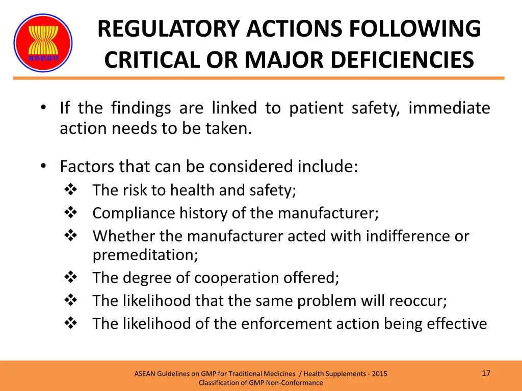 regulatory actions following critical or major 1