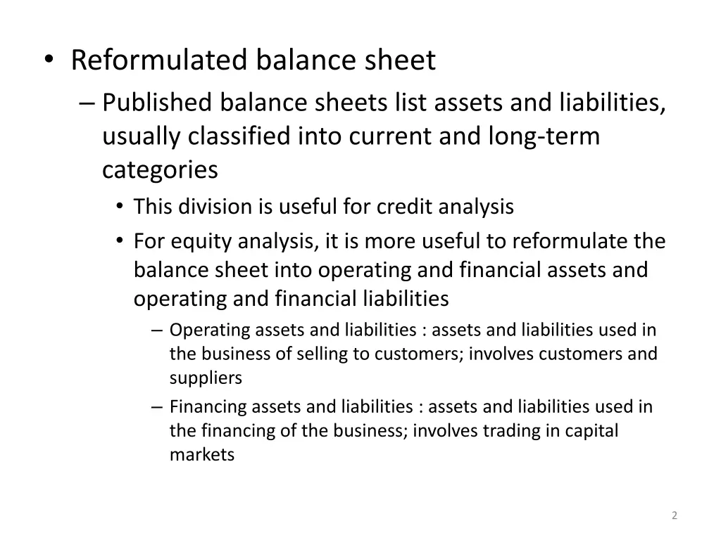 reformulated balance sheet published balance