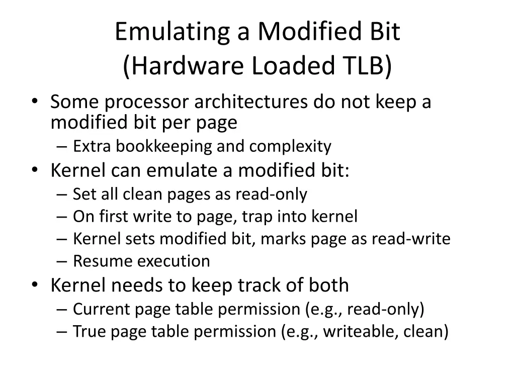 emulating a modified bit hardware loaded tlb some