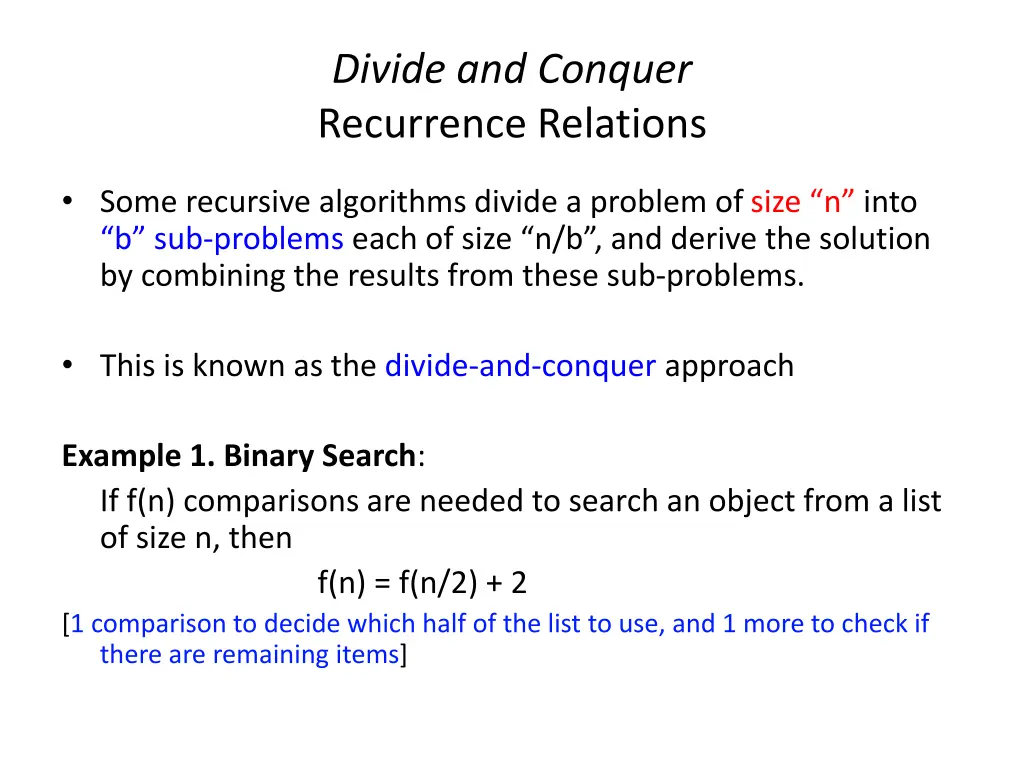 divide and conquer recurrence relations