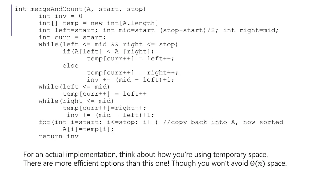 int mergeandcount a start stop int inv 0 int temp