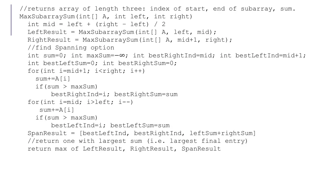 returns array of length three index of start