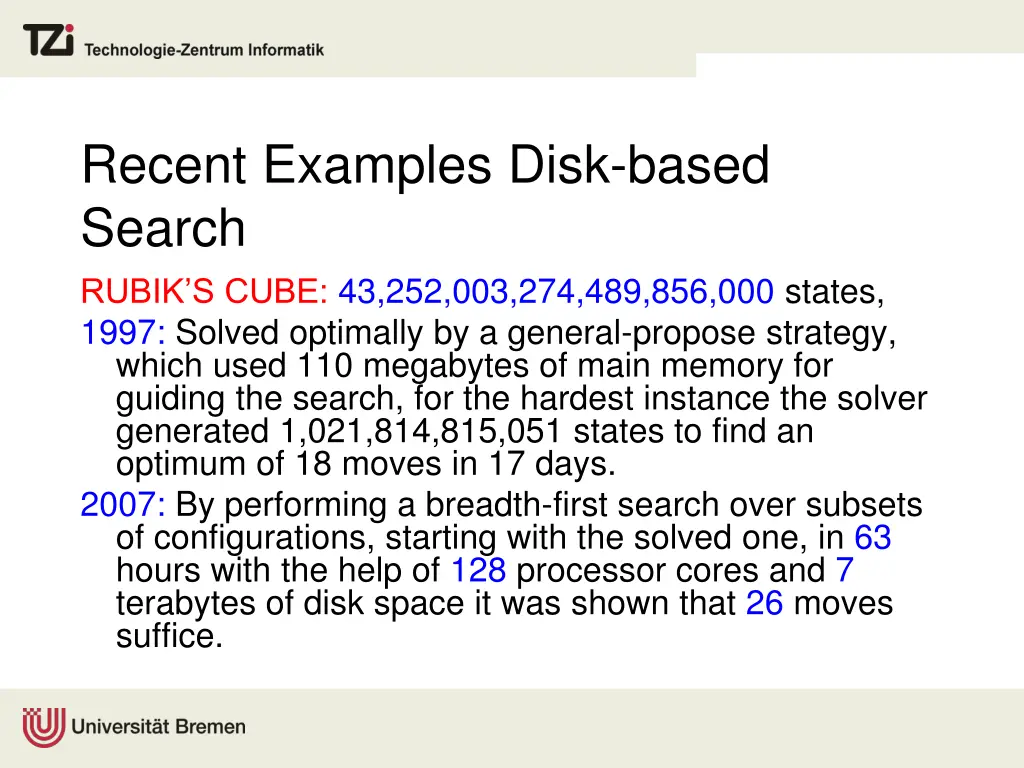 recent examples disk based search rubik s cube