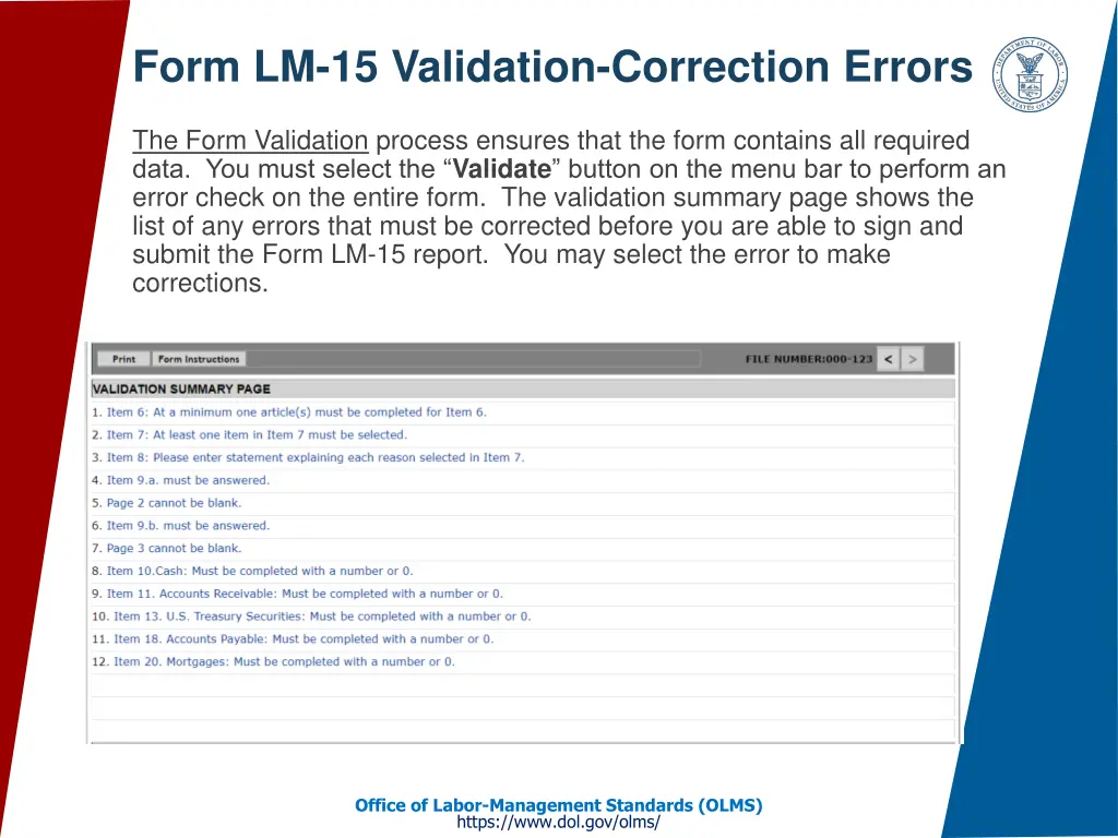 form lm 15 validation correction errors