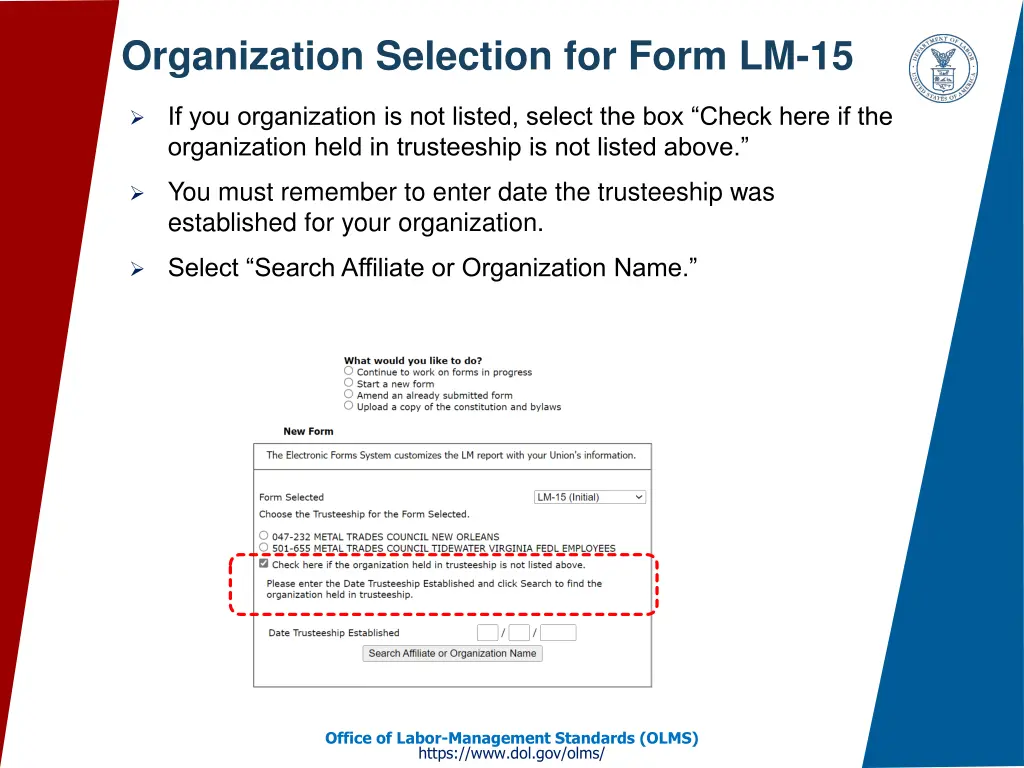 organization selection for form lm 15